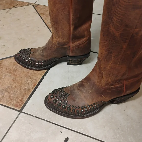 Lucchese Brown Studded Heeled Boots - Picture 3 of 9